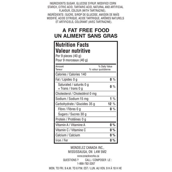Maynards Sour Cherry Blasters nutrition facts and ingredients label showing 140 calories per 40g serving