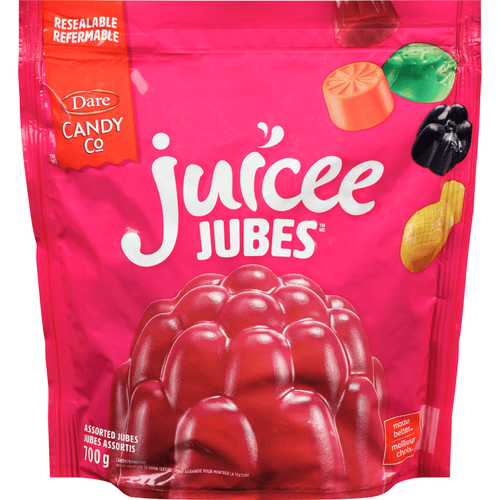 Dare Juicee Jubes 700g assorted candy in bright pink resealable bag with colorful jubes pictured on the package