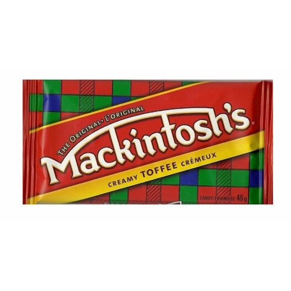 Close-up of Mackintosh's Creamy Toffee 45g bar in red tartan plaid wrapper