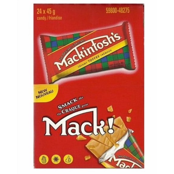 Front view of Mackintosh's Toffee 24 x 45g candy box showing wrapped bar and broken toffee pieces
