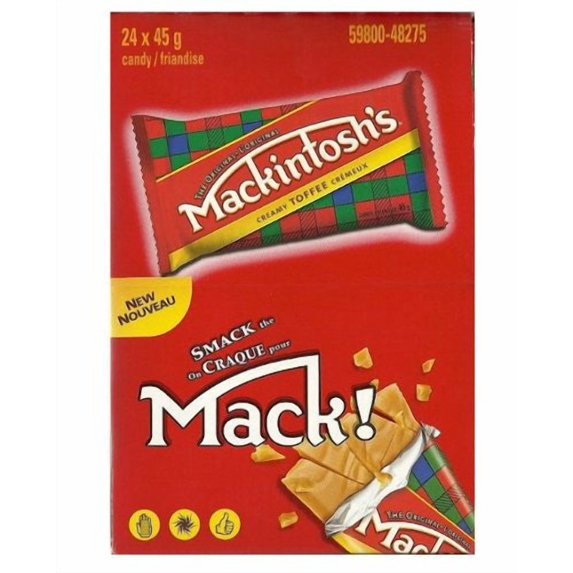 Mackintosh's Creamy Toffee 24-count box with tartan-wrapped candy bar pictured on front