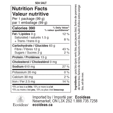 Nutrition Facts label and product information on Covered Bridge Sea Salt Potato Chips package