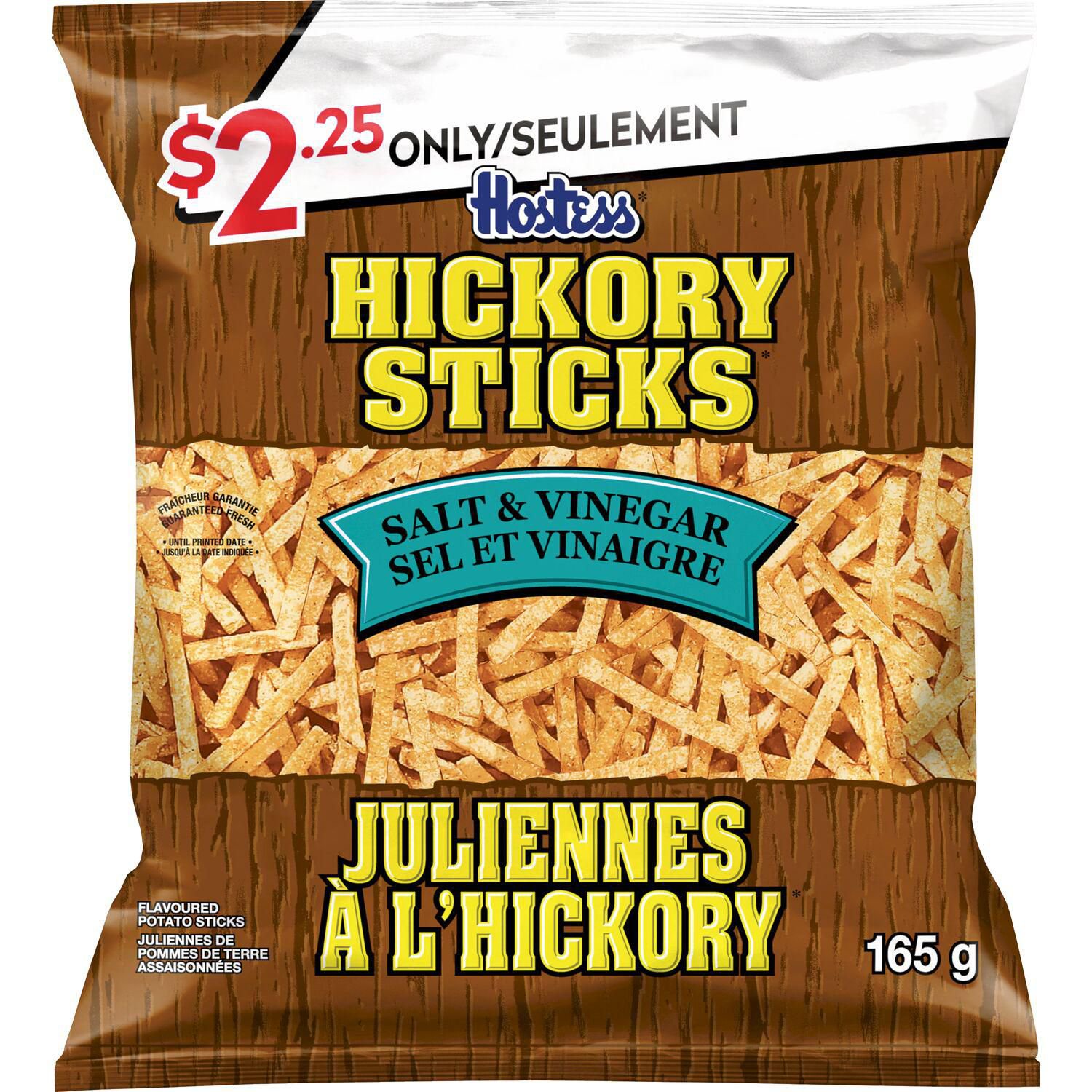 Front packaging of Hostess Hickory Sticks Salt & Vinegar thin-cut potato sticks