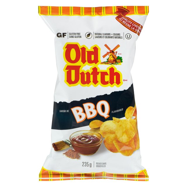 Old Dutch BBQ Potato Chips nutrition facts panel showing calories, fat, carbohydrates, protein, sodium, and other nutrients