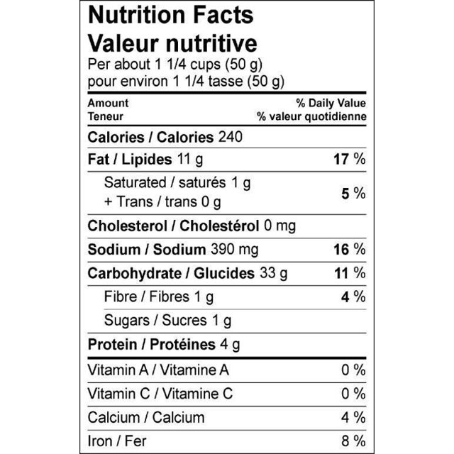 Nutrition Facts label for Old Dutch Humpty Dumpty Cheesy Party Mix showing serving size and nutritional information