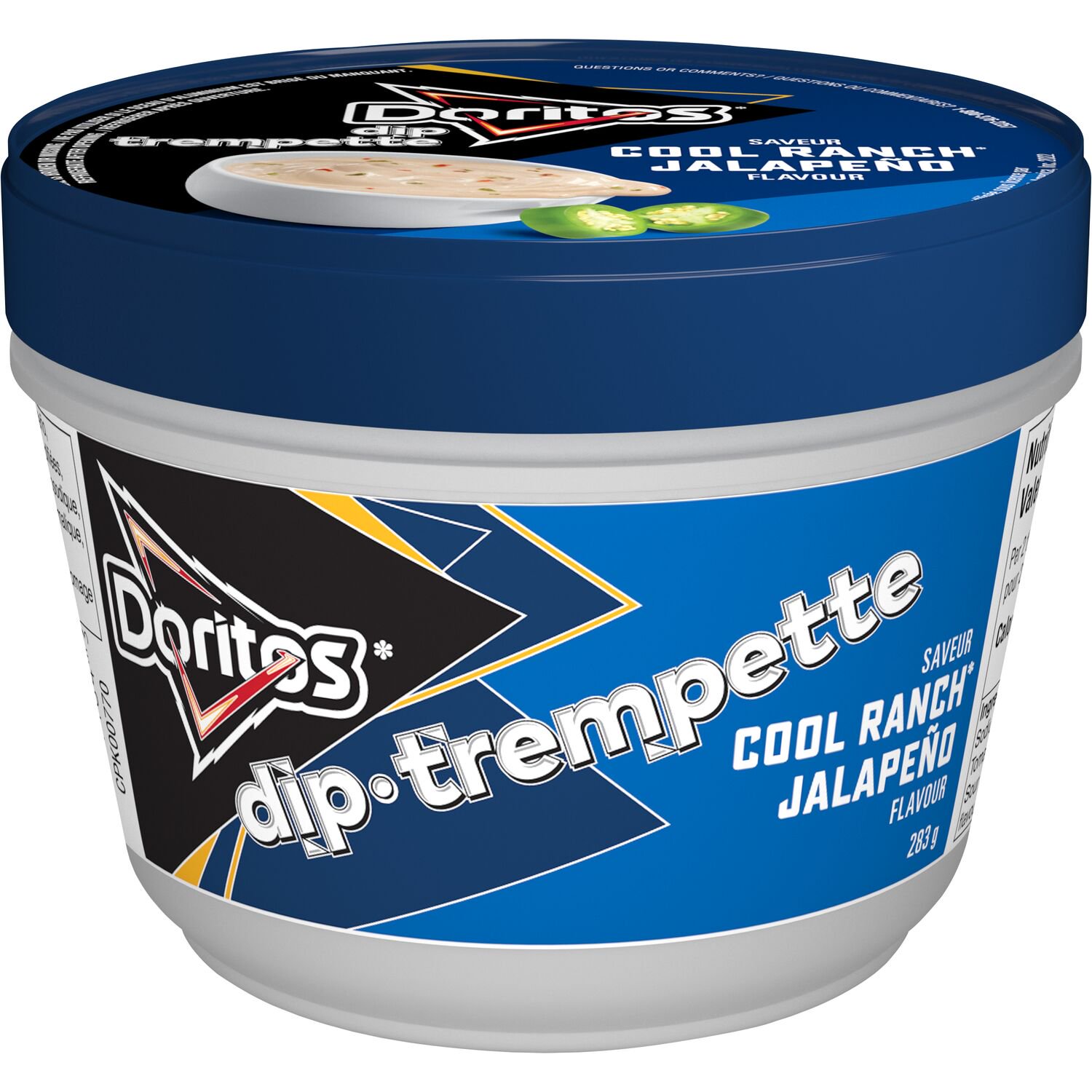 Angled view of Doritos Dip Cool Ranch Jalapeño 283 g container showing the branded front label