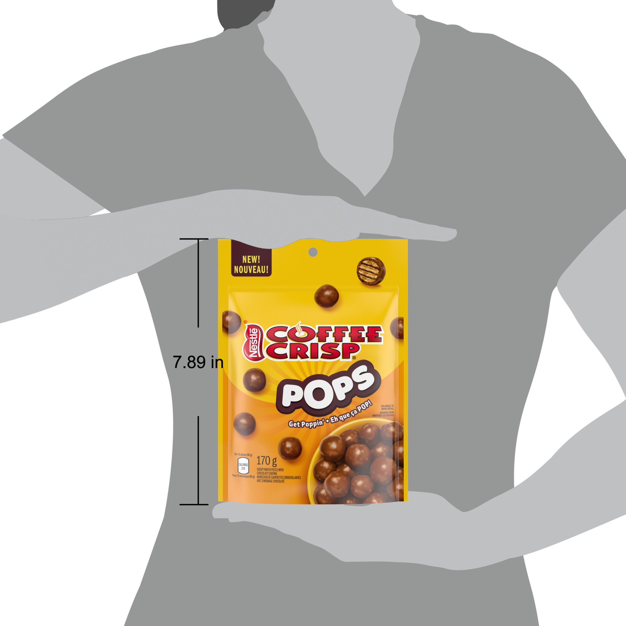 COFFEE CRISP POPS pouch shown in a hand to illustrate package size