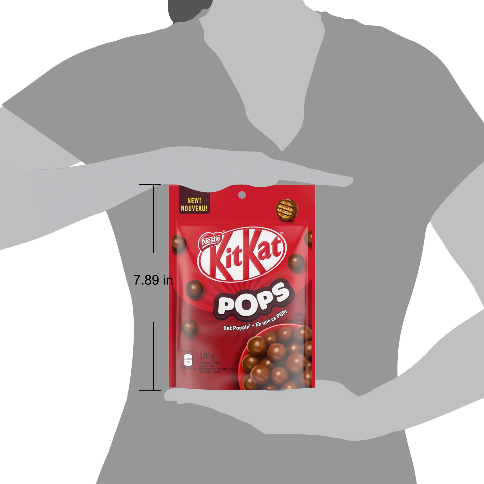 KITKAT POPS 170 g pouch shown in hand with product height measurement of 7.89 inches