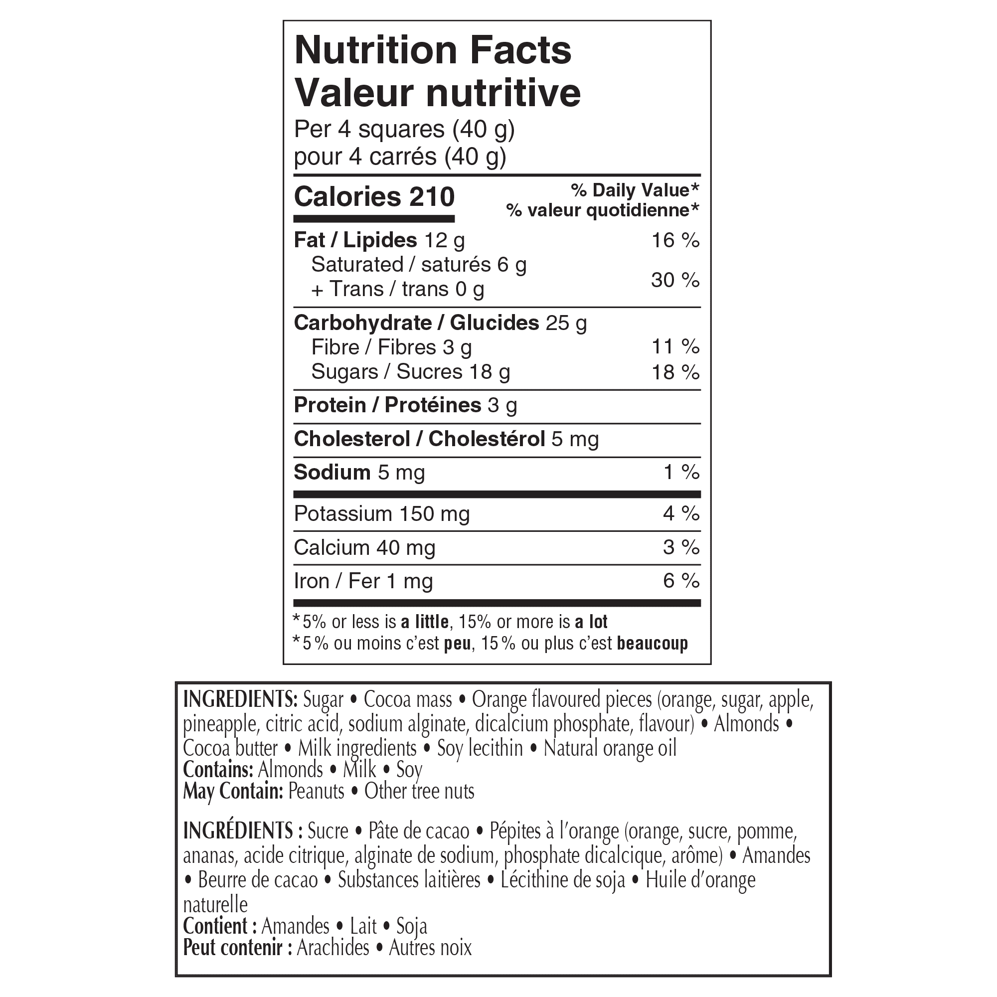 Close-up of Lindt Orange Intense nutrition facts and ingredient information