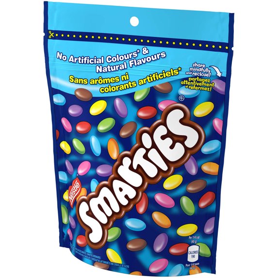 Angled Nestlé Smarties resealable bag featuring colorful candy shells and milk chocolate pieces