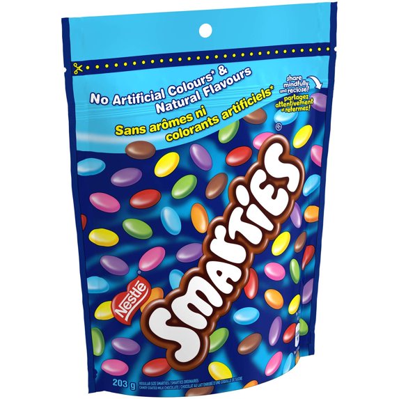 Side-angle view of Nestlé Smarties 203g candy bag with assorted colorful Smarties pieces