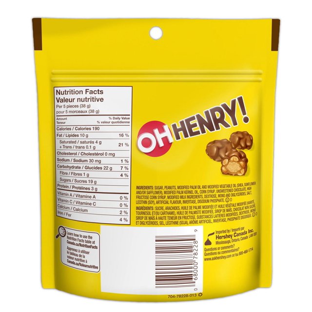 Back of OH HENRY! Chocolatey Candy Bites 230g package showing nutrition facts and ingredients