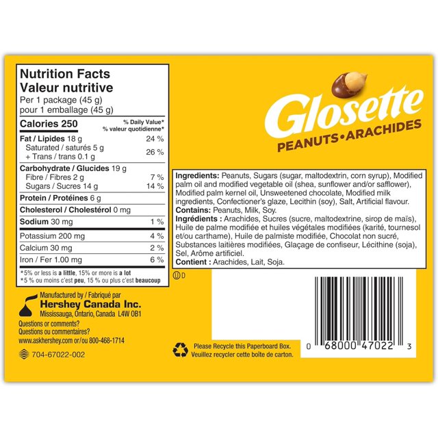 Back of Glosette Peanuts package showing nutrition facts, ingredients, and barcode