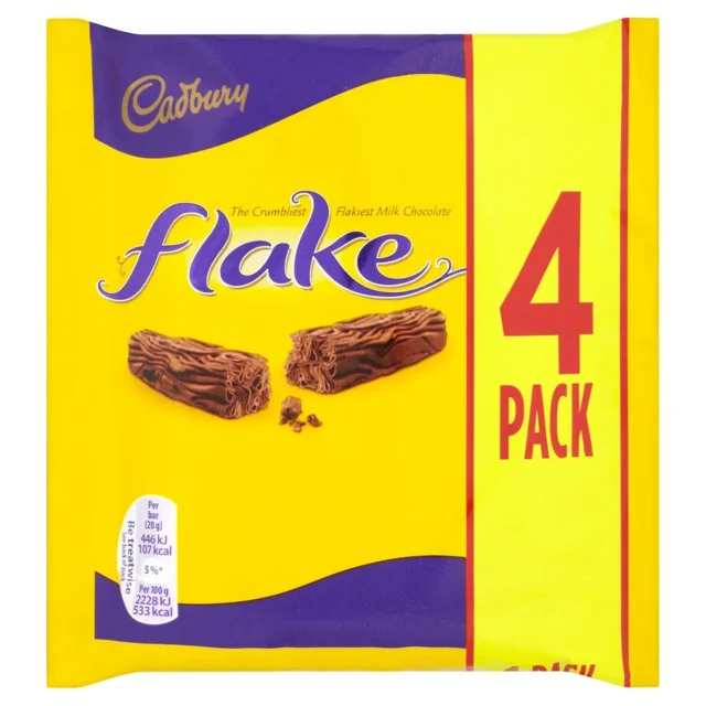Cadbury Flake Milk Chocolate Bars 4 Pack in yellow and purple packaging