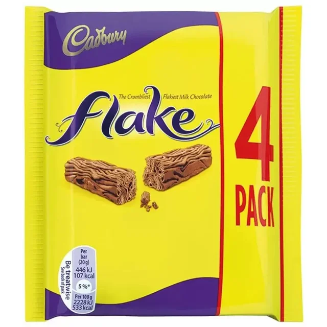 Cadbury Flake chocolate bar displayed with its branded yellow and purple wrapper