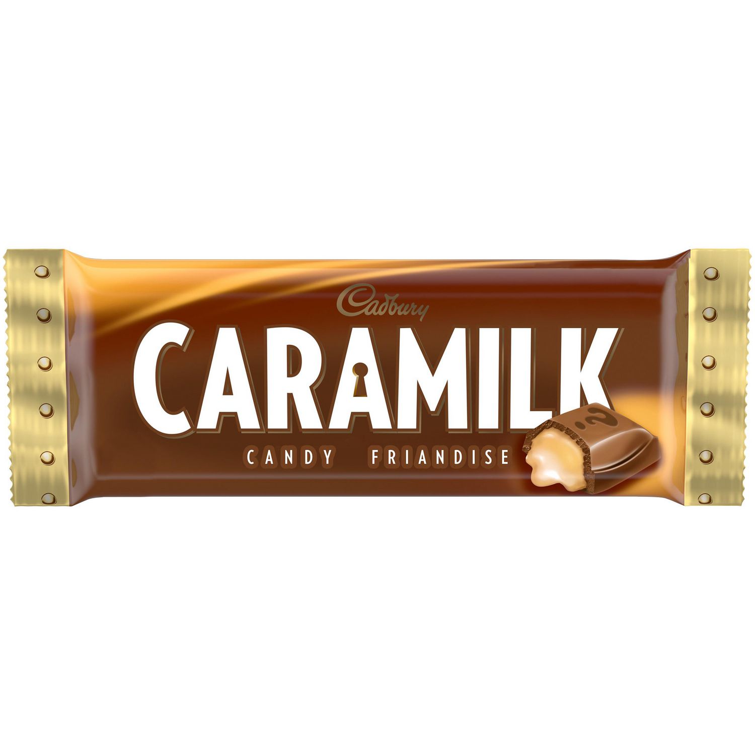 Cadbury Caramilk 50g chocolatey candy bar with soft caramel center on white background
