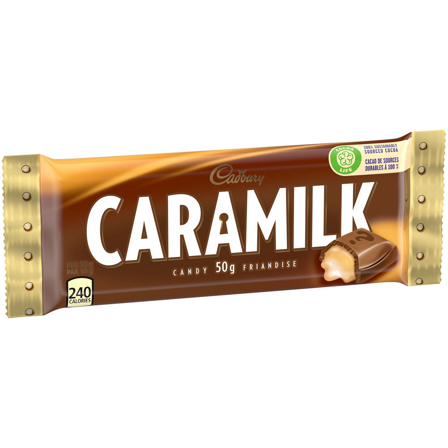 Cadbury Caramilk 50g candy bar package with Cocoa Life sustainably sourced cocoa label