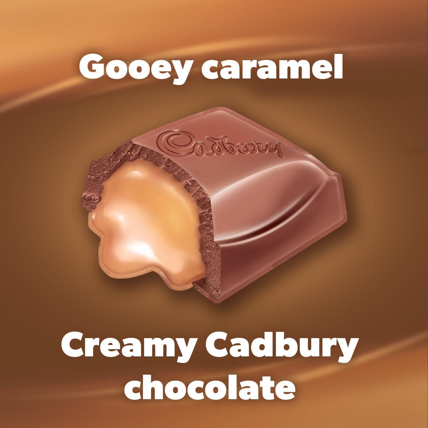 Cadbury Caramilk chocolate piece showing its soft caramel filling with Gooey caramel text
