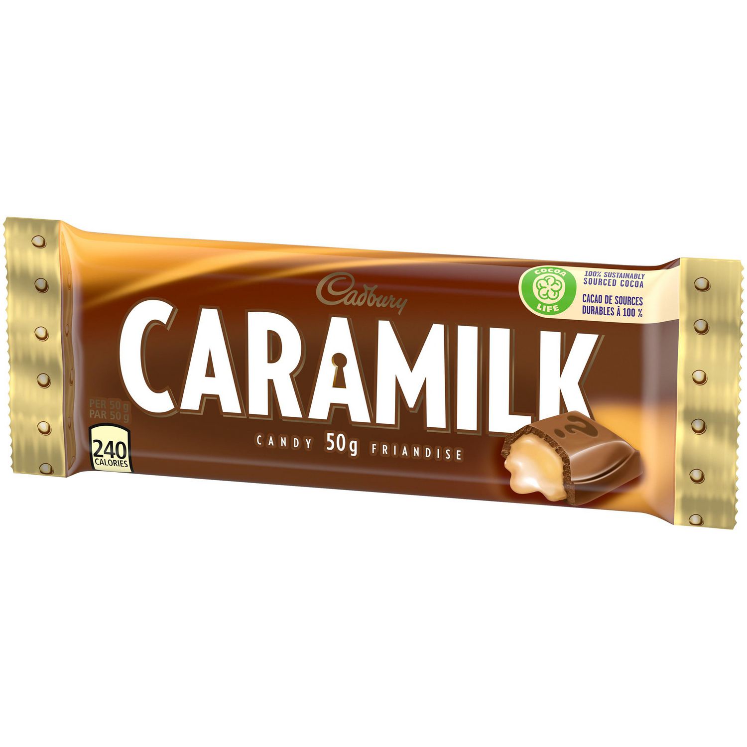Cadbury Caramilk chocolatey candy bar in its brown and gold wrapper on a white background