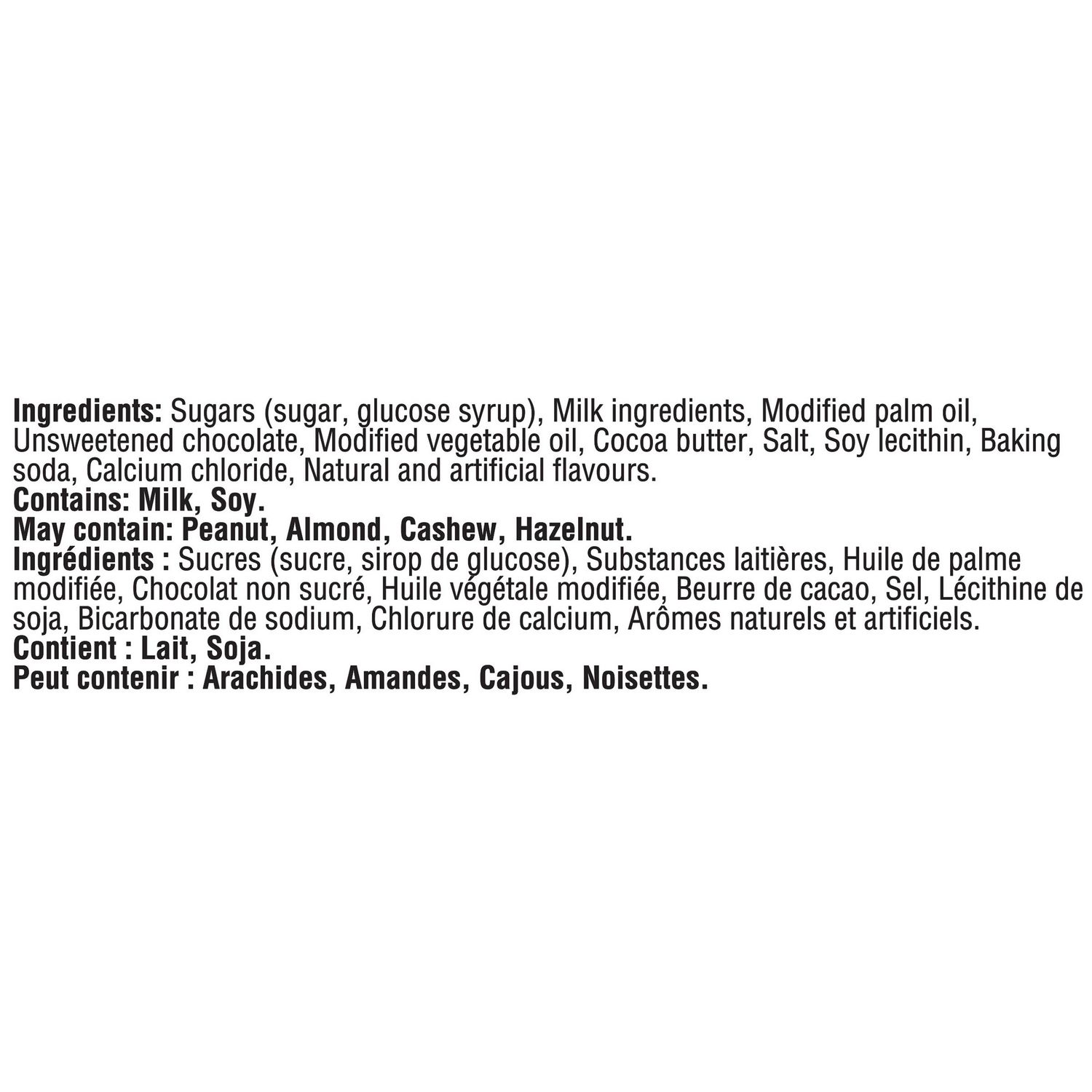 Cadbury Caramilk ingredients and allergen information listing milk, soy, and possible tree nut and peanut contents