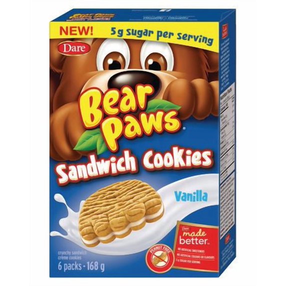 Front view of Dare Bear Paws Vanilla Sandwich Cookies 168g box with 6 packs and 5 grams of sugar per serving