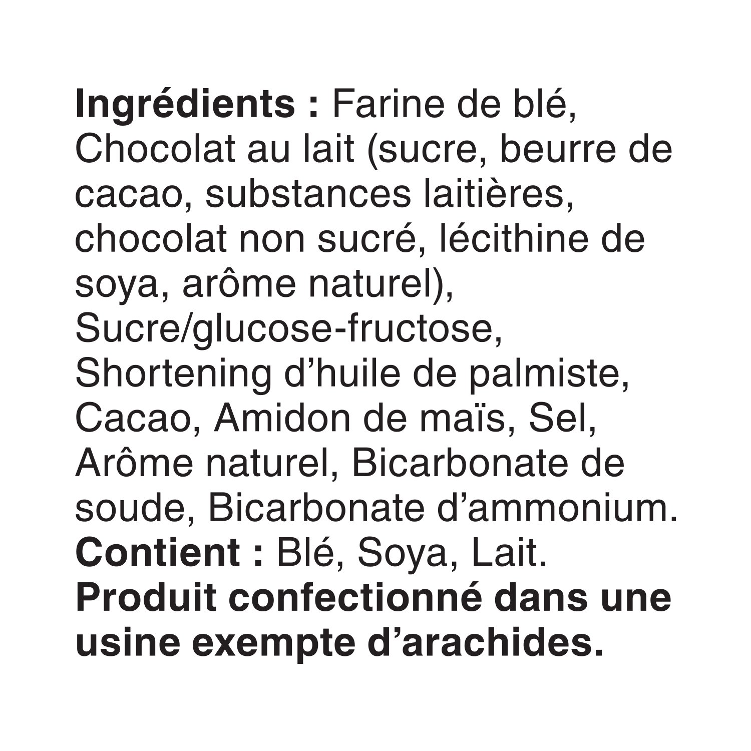 French ingredients and peanut-free facility information for Bear Paws Crunchy Double Chocolate Cookies