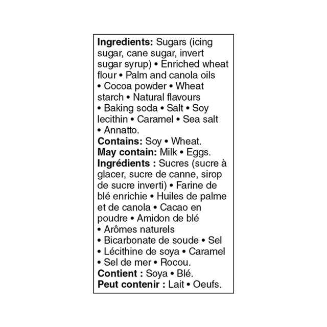 Ingredients label for Great Value Salted Caramel Creme Sandwich Cookies showing sugars, enriched wheat flour, cocoa, caramel, and sea salt