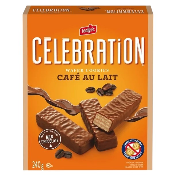 Celebration Leclerc Café au Lait wafer cookies box with milk chocolate-coated wafers and coffee beans