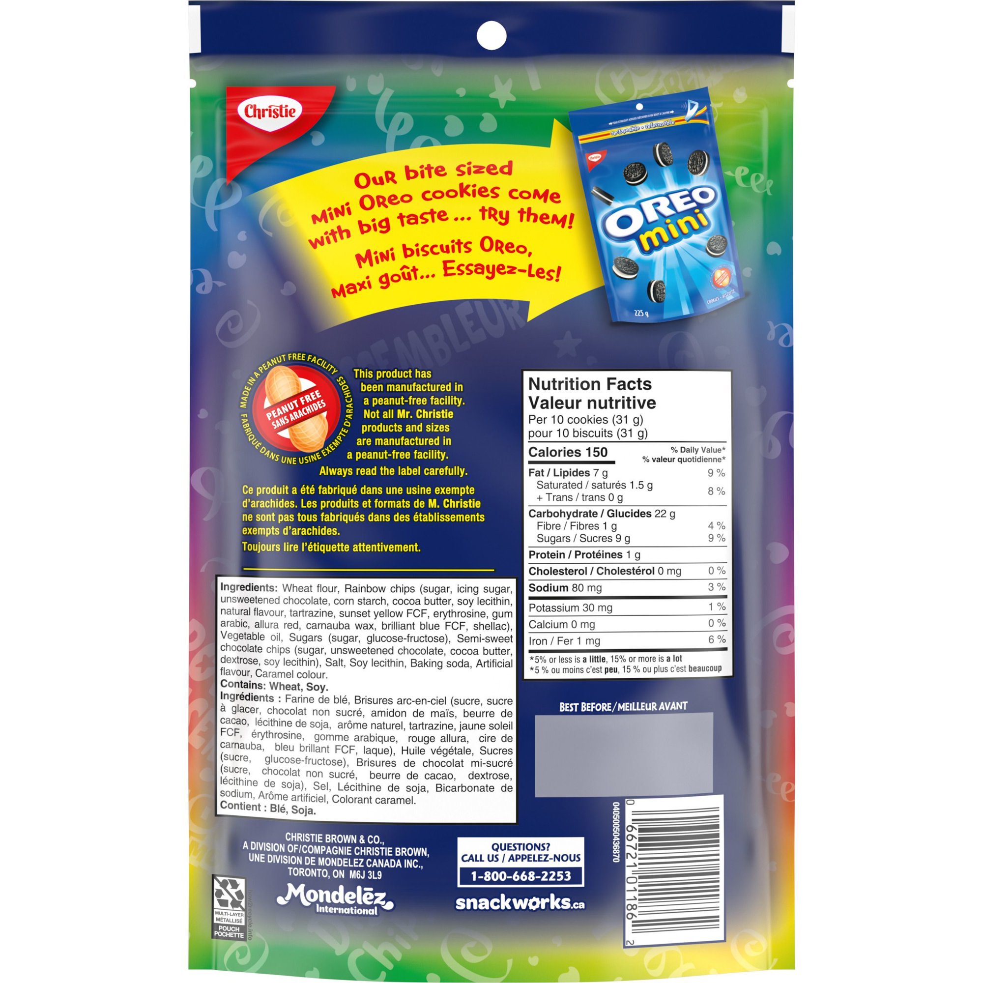 Back of Chips Ahoy! Mini Rainbow Cookies 225 g package showing product information, ingredients, nutrition facts, and Oreo Mini promotion