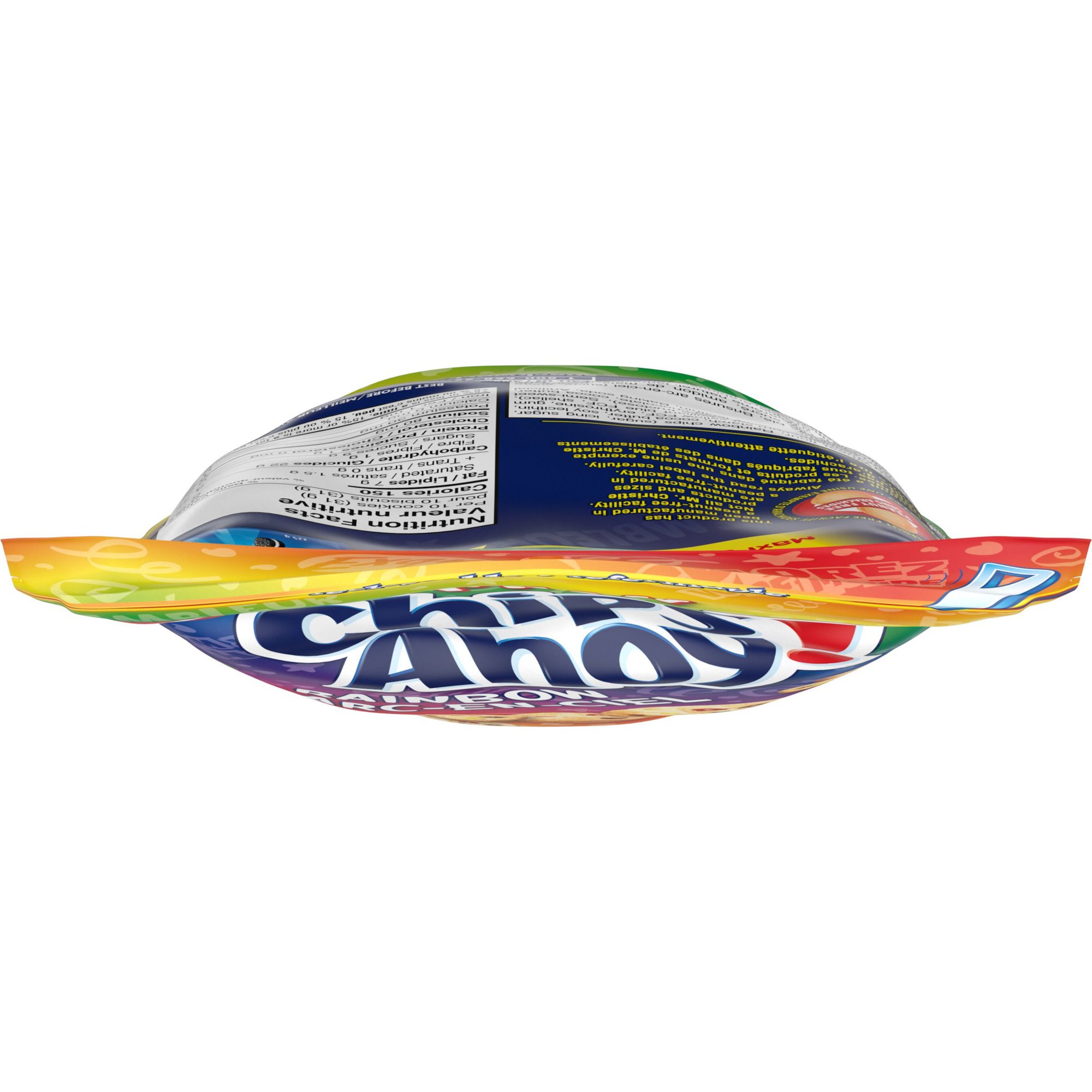 Bottom view of Chips Ahoy! Mini Rainbow Cookies package showing the curved bag shape and colorful Chips Ahoy branding