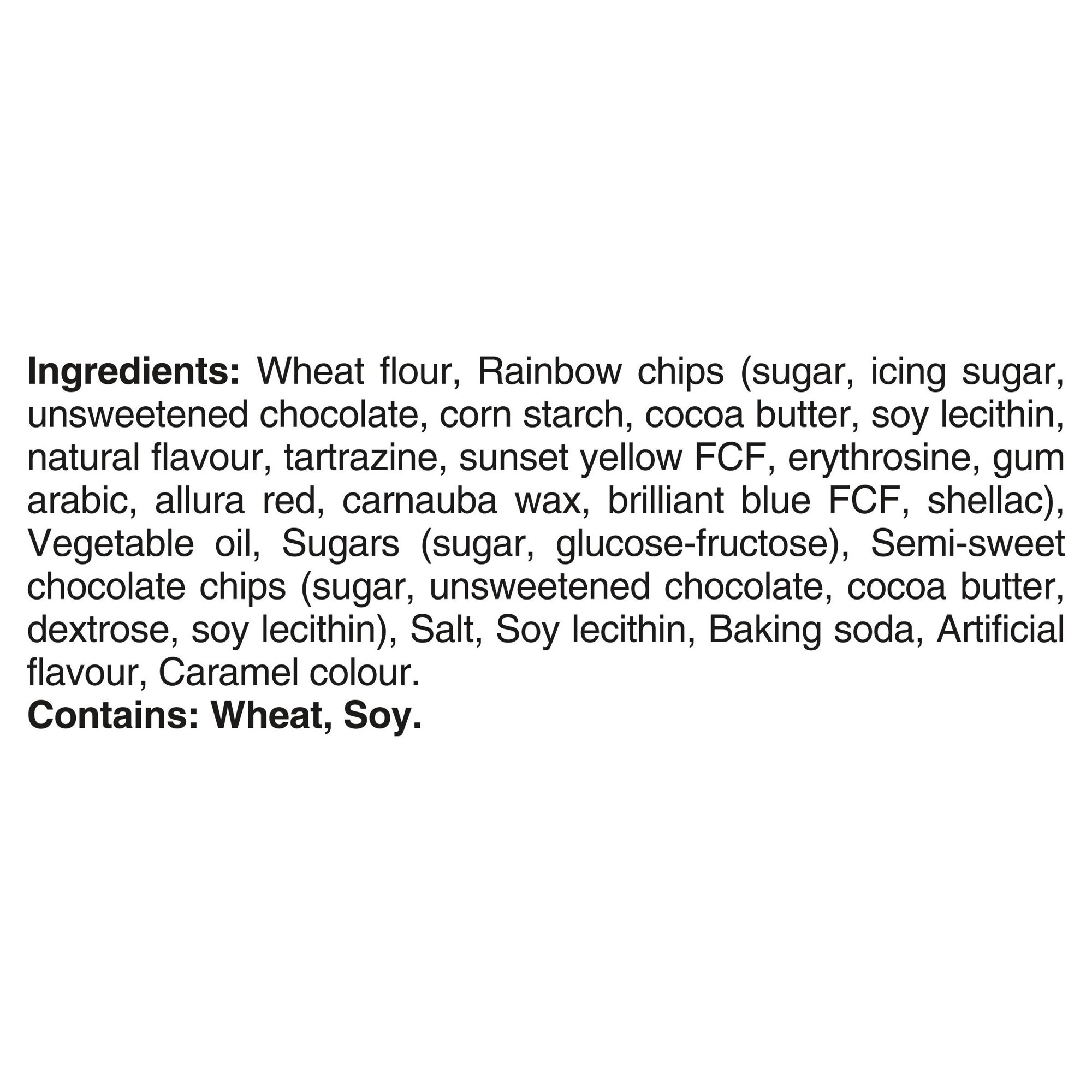Ingredients and allergen information for Chips Ahoy! Mini Rainbow Cookies showing wheat flour, rainbow chips, chocolate chips, and contains wheat and soy