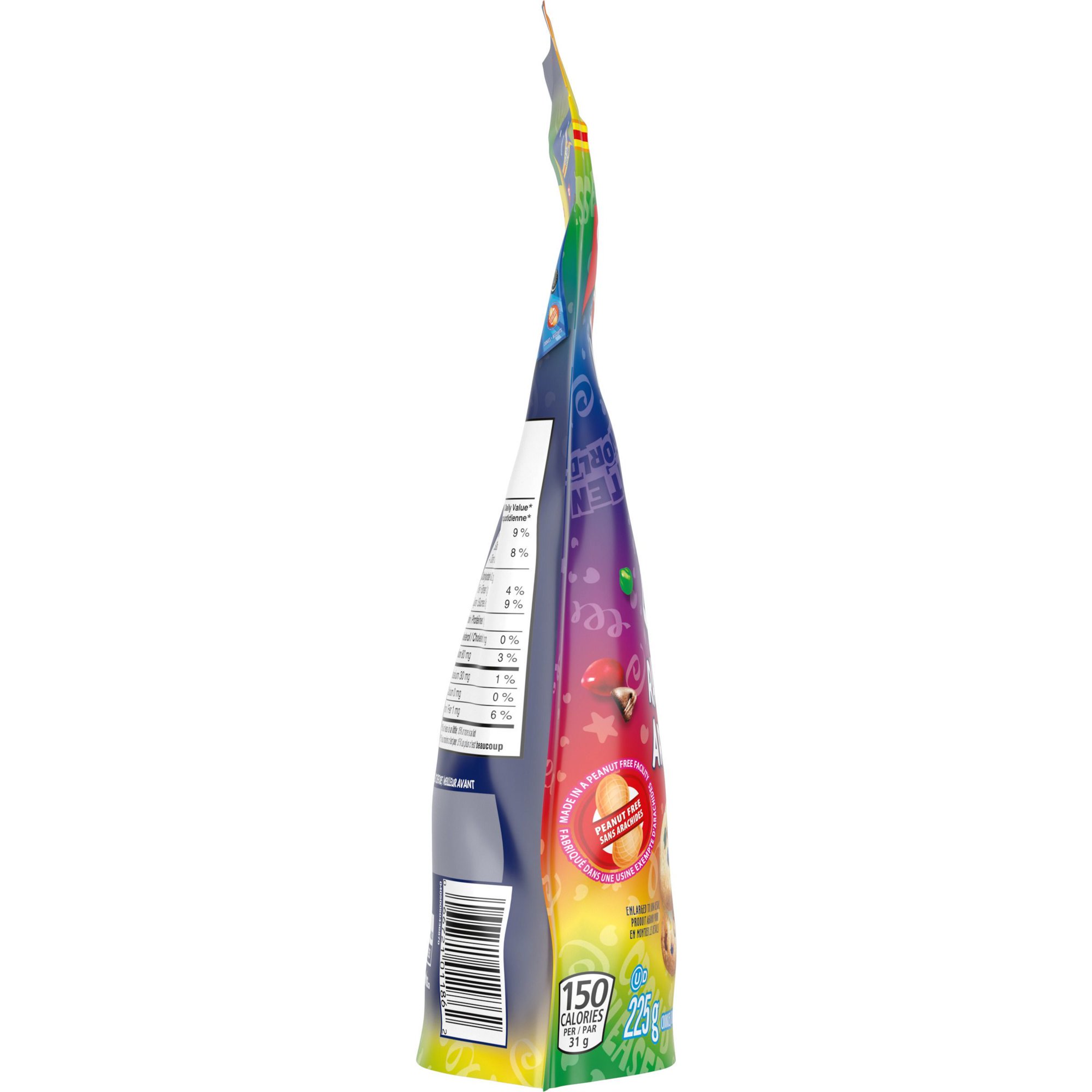 Side view of Chips Ahoy! Mini Rainbow Chocolate Chip Cookies bag showing the colorful package design and 150 calories per serving