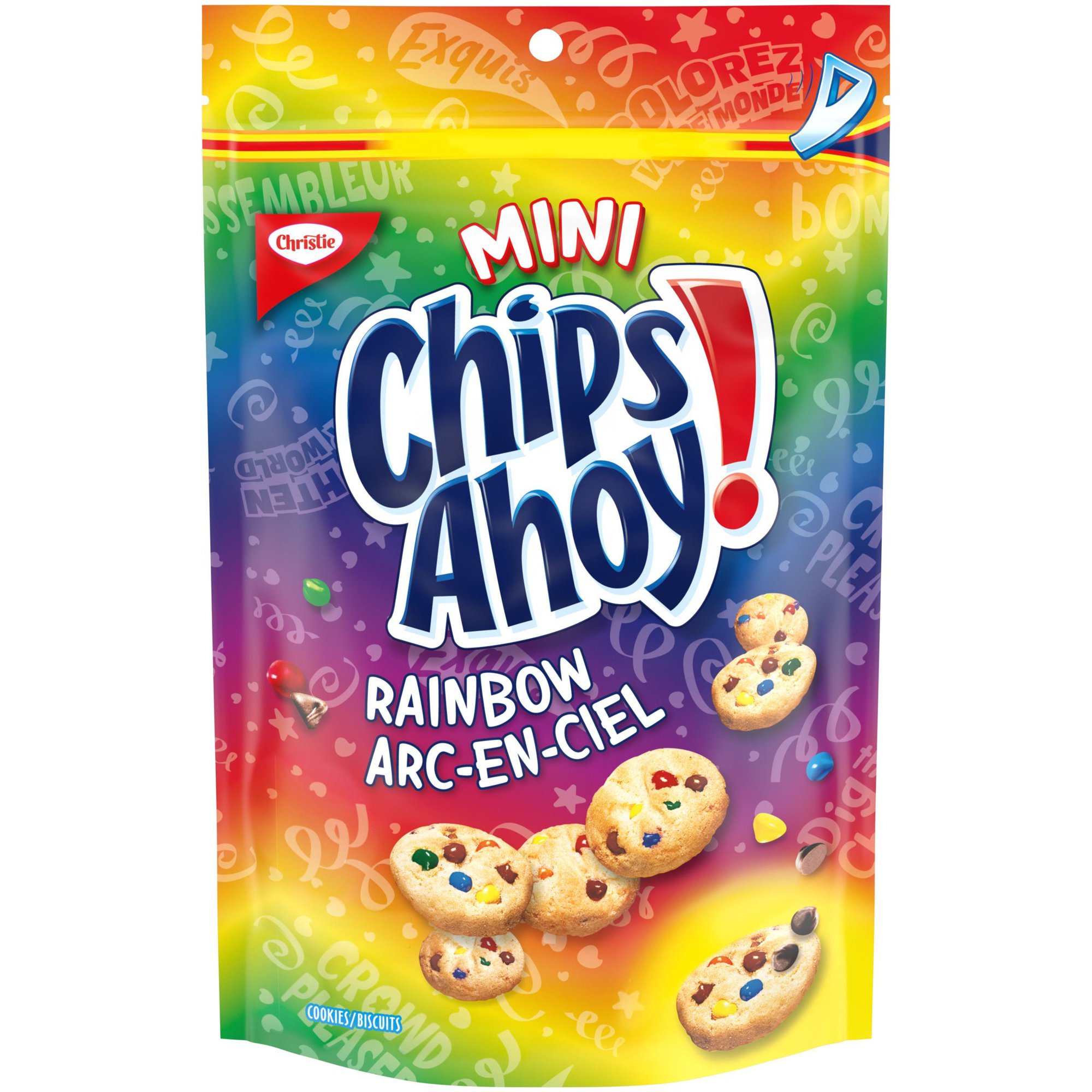 Chips Ahoy! Mini Rainbow Chocolate Chip Cookies 225 g bag with colorful rainbow chocolate chips and crunchy mini cookies