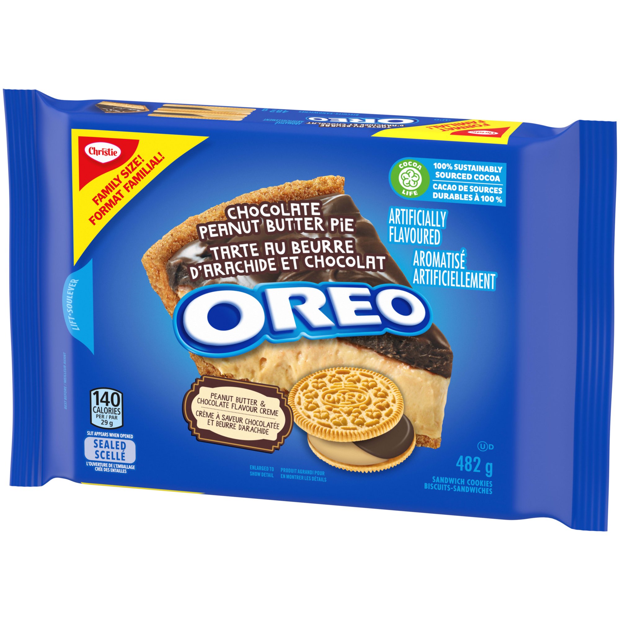 OREO Chocolate Peanut Butter Pie cookie package shown from an angled front view