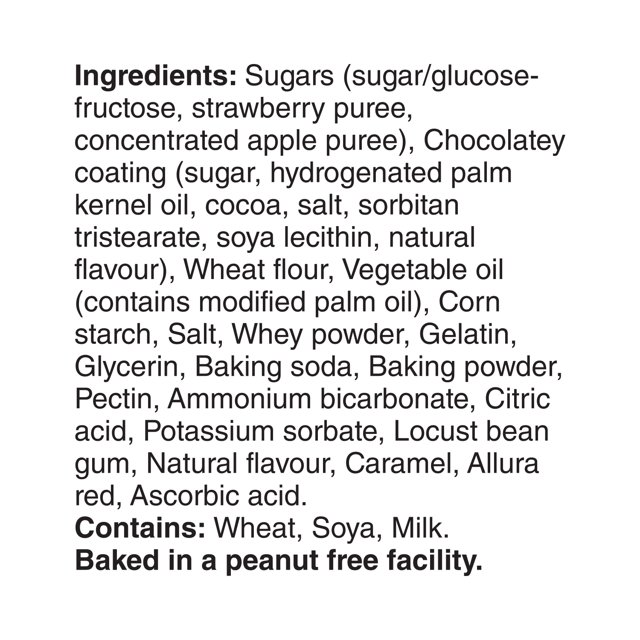 Dare Viva Puffs Strawberry Cookies English ingredient panel listing strawberry puree, chocolatey coating, wheat flour, and allergens