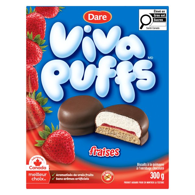 French-language Dare Viva Puffs Fraises 300g package with strawberry imagery and chocolate-covered marshmallow cookies