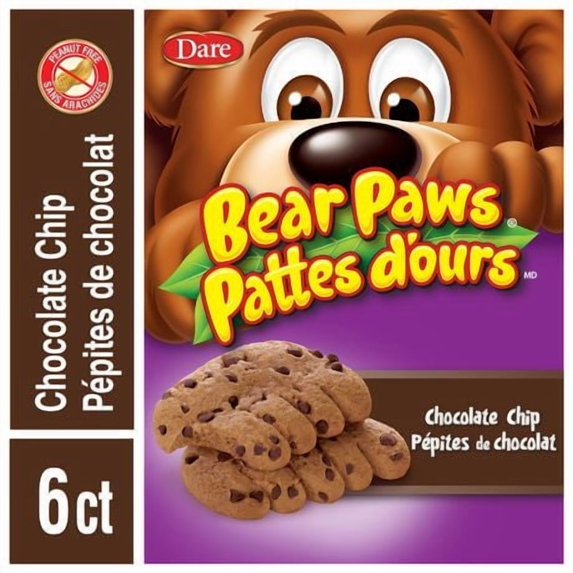 Dare Bear Paws Chocolate Chip Cookies 240g box showing individual cookie portions
