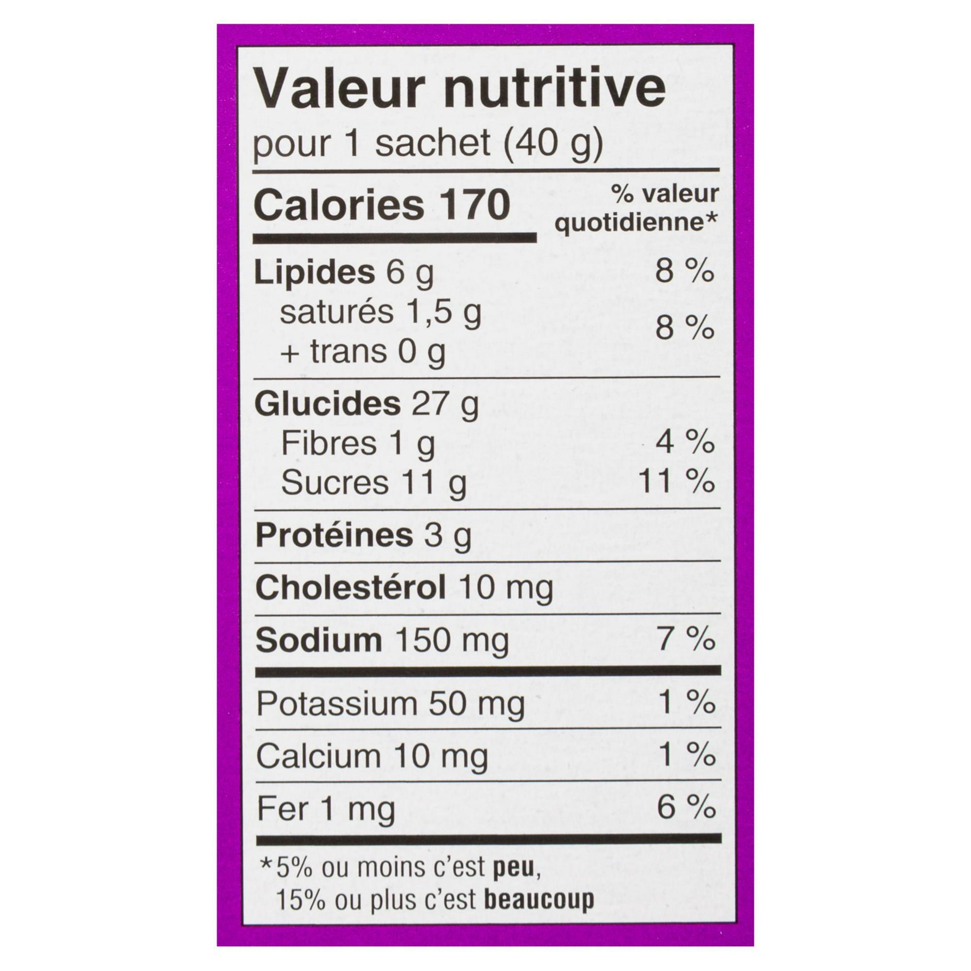 French nutrition facts panel for Dare Bear Paws cookies per 40 g pouch