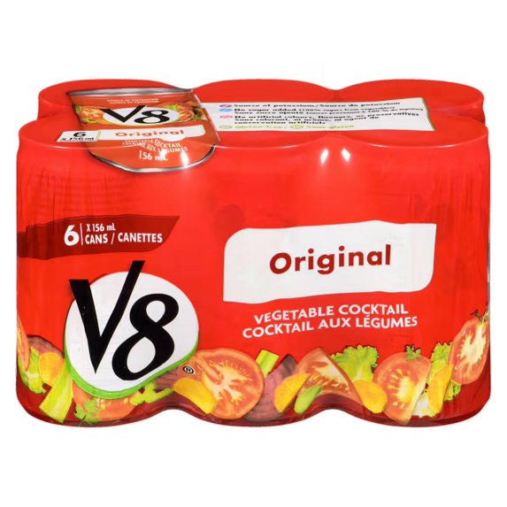 Front view of V8 Original Vegetable Cocktail Juice six-pack with 5.5 fl oz cans