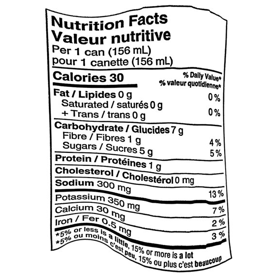 Nutrition Facts label for V8 Original Vegetable Cocktail Juice 156 mL can showing 30 calories