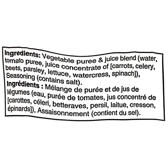 V8 Original Vegetable Cocktail Juice ingredient label listing vegetable purée and juice blend