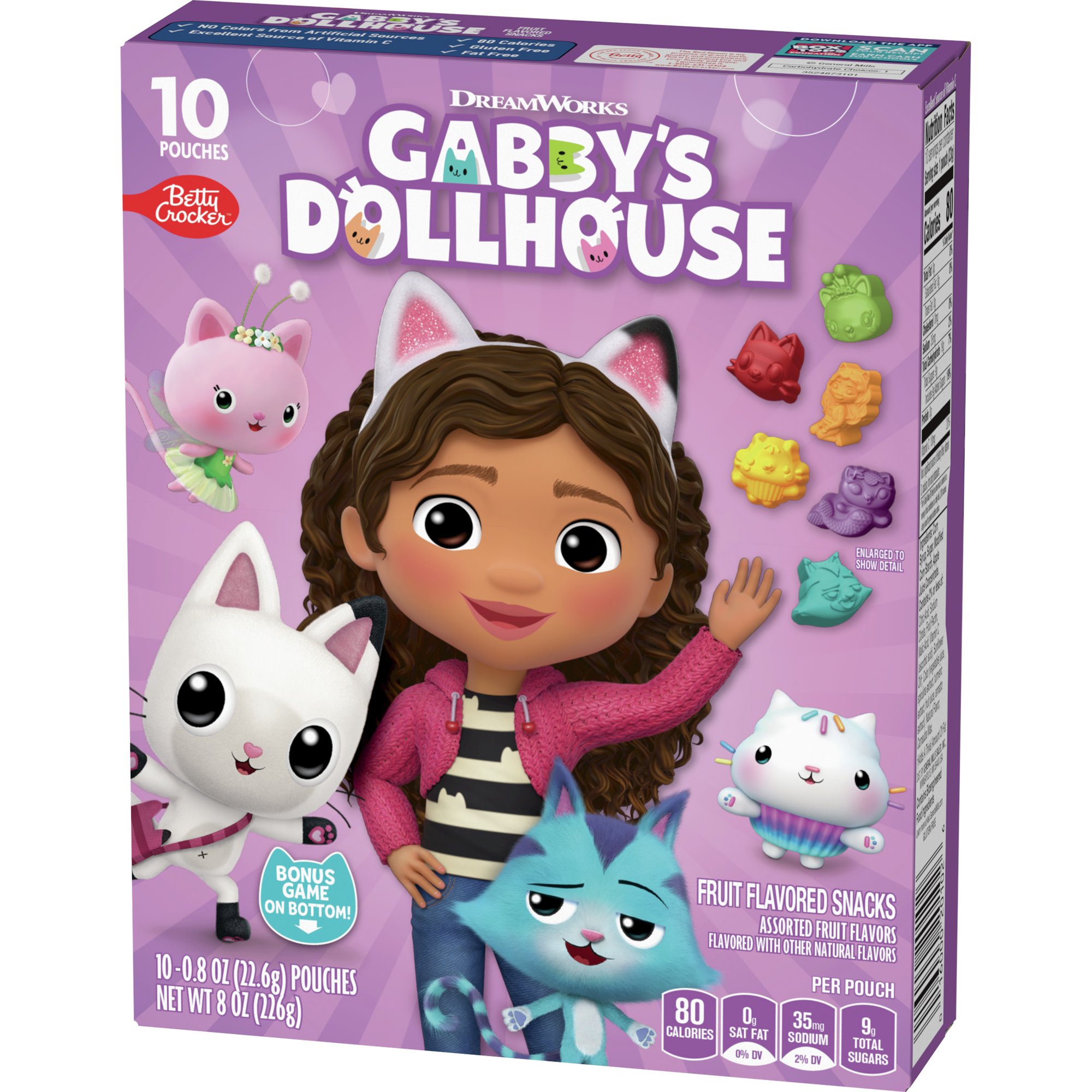 Angled front view of Betty Crocker Gabby's Dollhouse Fruit Flavored Snacks 10-count box with nutrition highlights