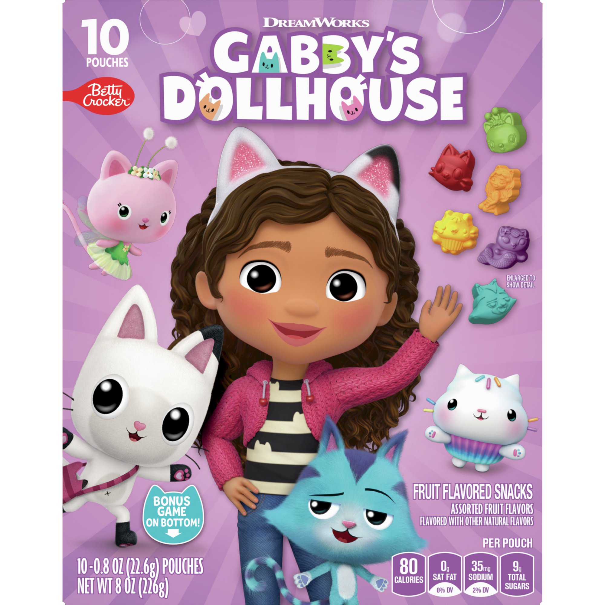 Front of Gabby's Dollhouse Fruit Flavored Snacks box showing Gabby, cat characters, colorful snack shapes, and 10-pouch packaging