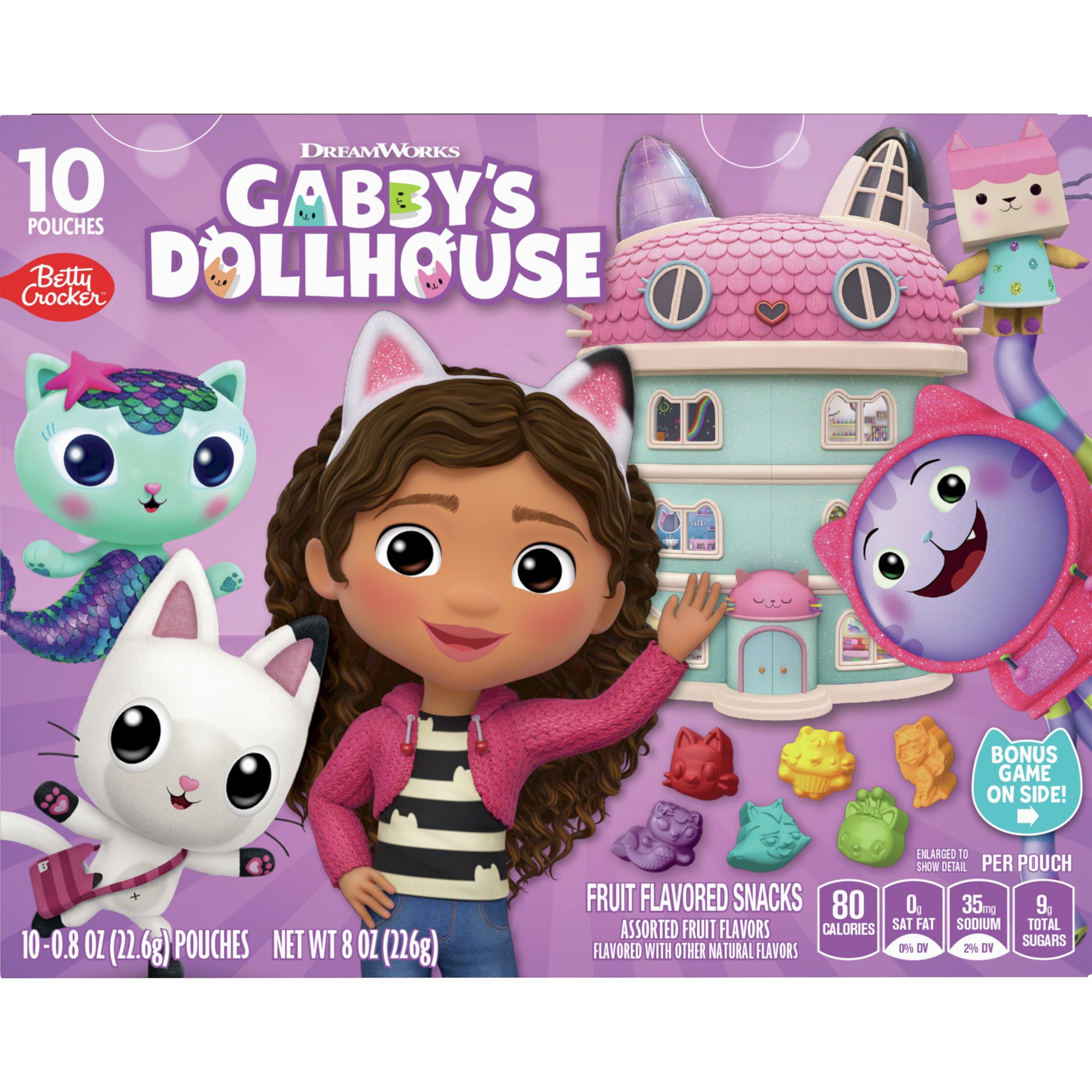 Gabby's Dollhouse Fruit Flavored Snacks package artwork featuring Gabby, Dollhouse characters, assorted snack shapes, and 80 calories per pouch