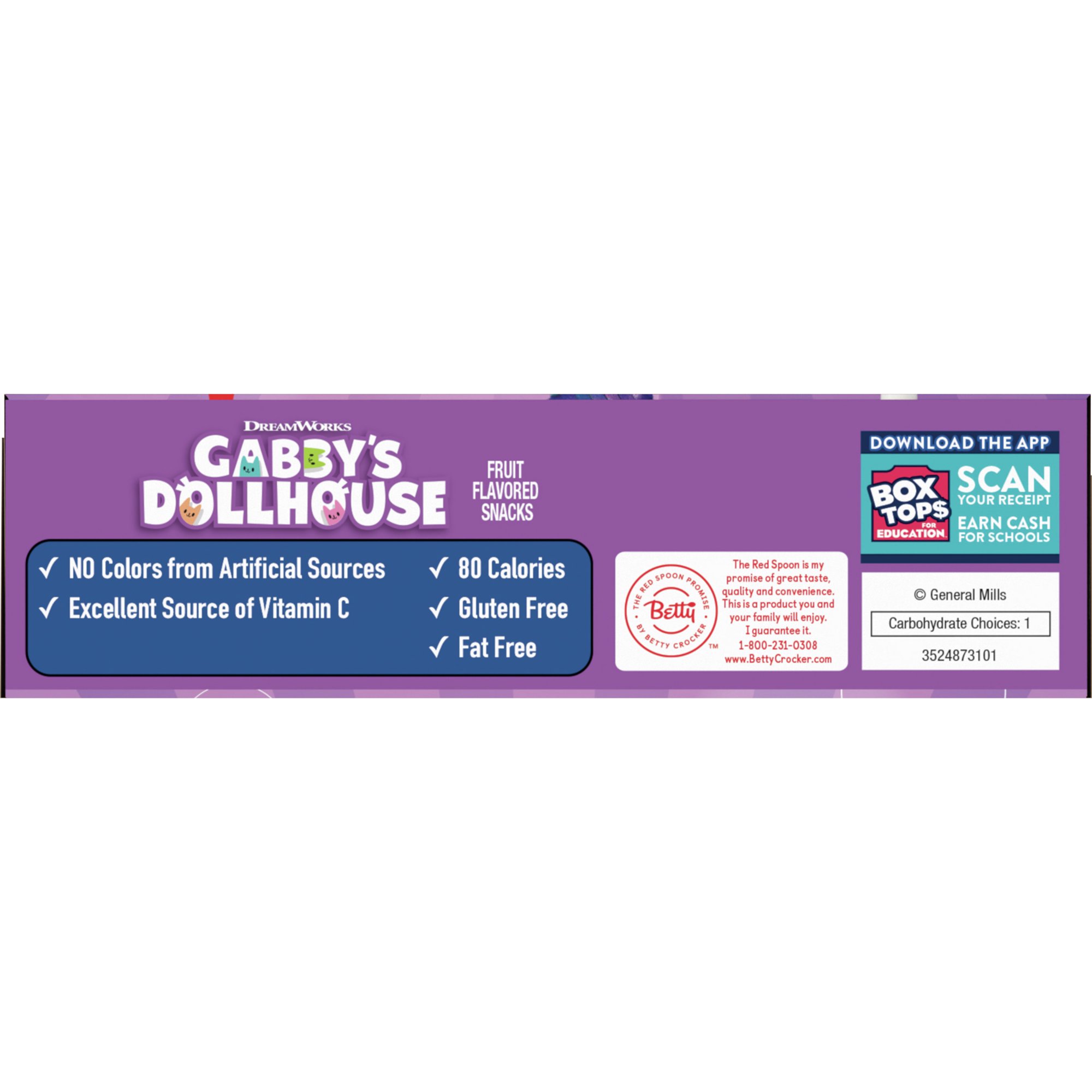 Gabby's Dollhouse Fruit Flavored Snacks package panel listing no artificial-source colors, vitamin C, 80 calories, gluten-free and fat-free features