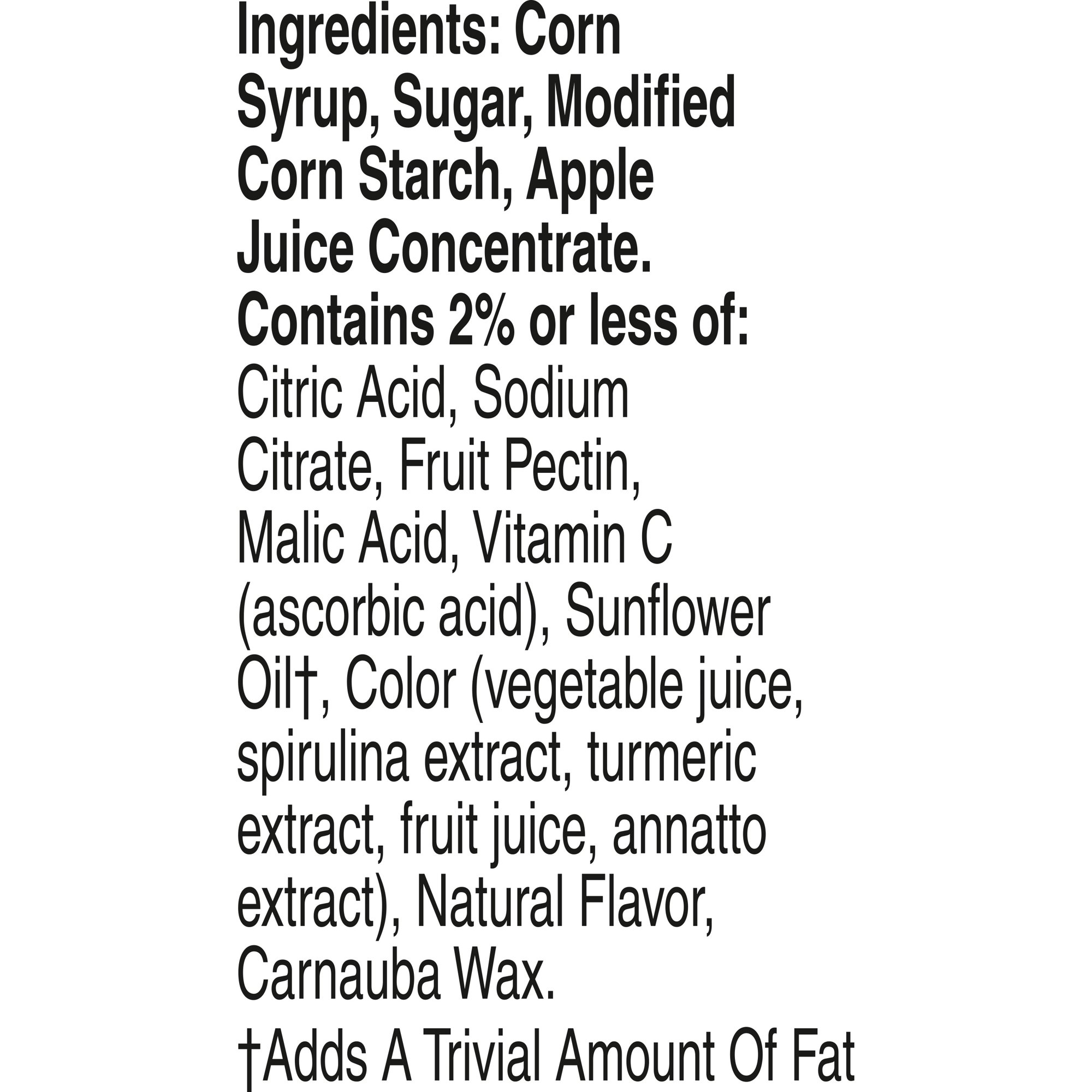 Ingredient list for Gabby's Dollhouse Fruit Flavored Snacks showing corn syrup, sugar, modified corn starch, apple juice concentrate, and other ingredients