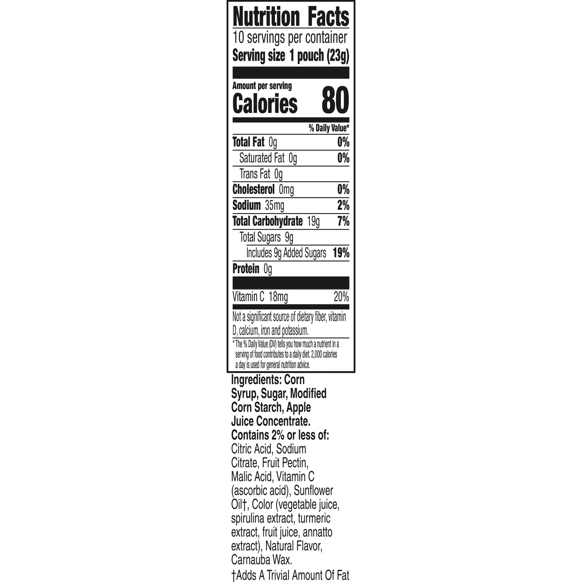 Nutrition Facts label for Gabby's Dollhouse Fruit Flavored Snacks showing 80 calories and serving size of one 23g pouch