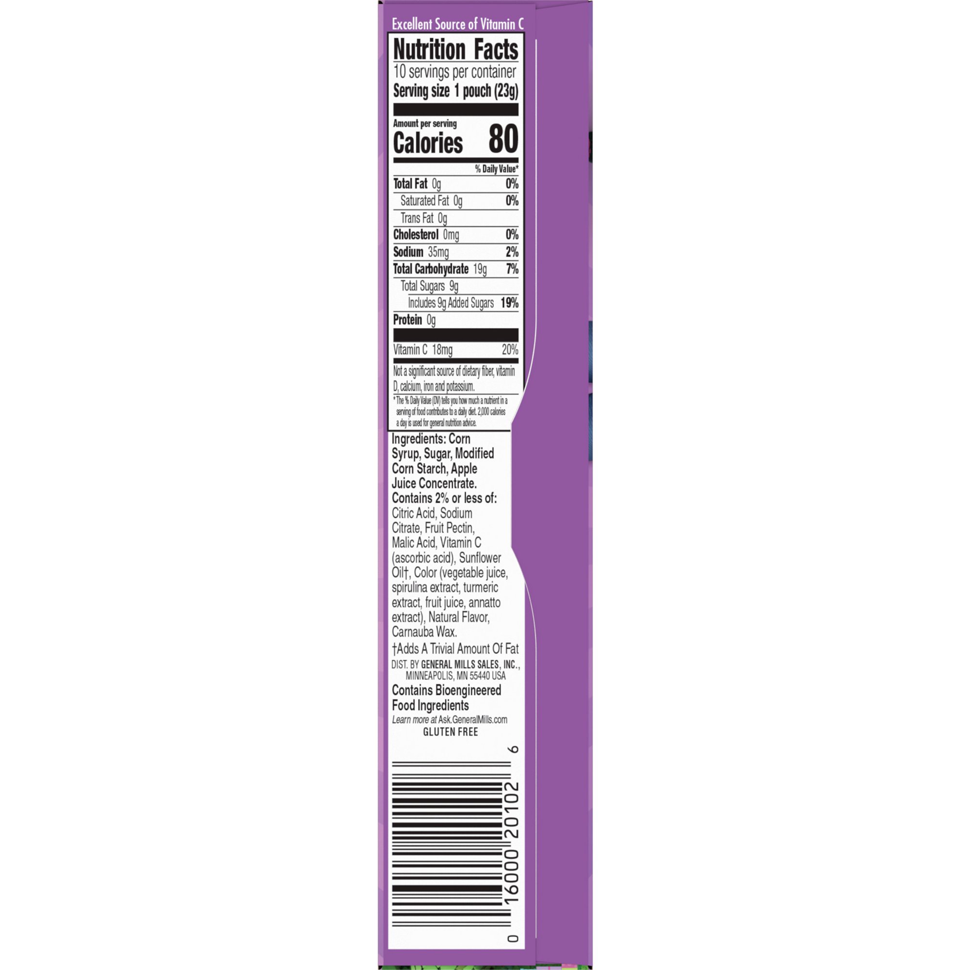Side panel of Gabby's Dollhouse Fruit Flavored Snacks box with Nutrition Facts, ingredients, gluten-free label, and barcode