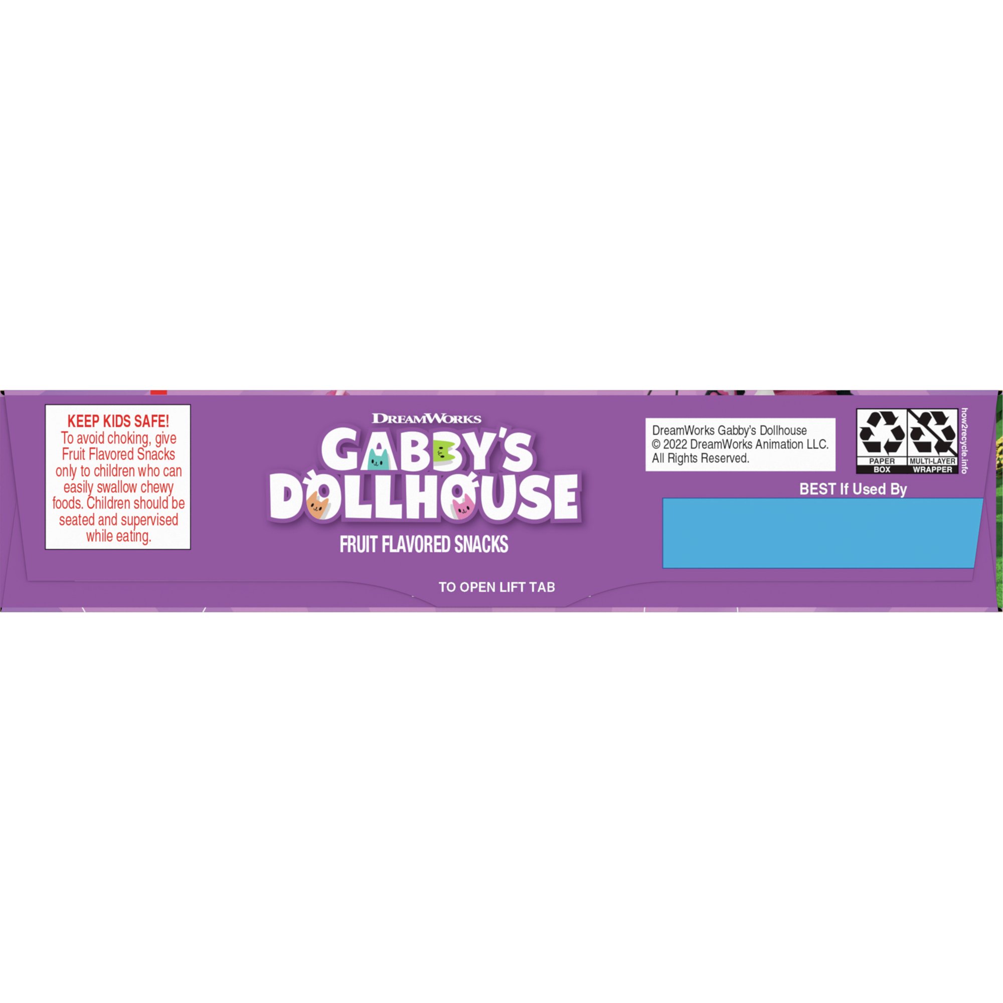 Top panel of Gabby's Dollhouse Fruit Flavored Snacks box showing product logo, child safety notice, and best-if-used-by area