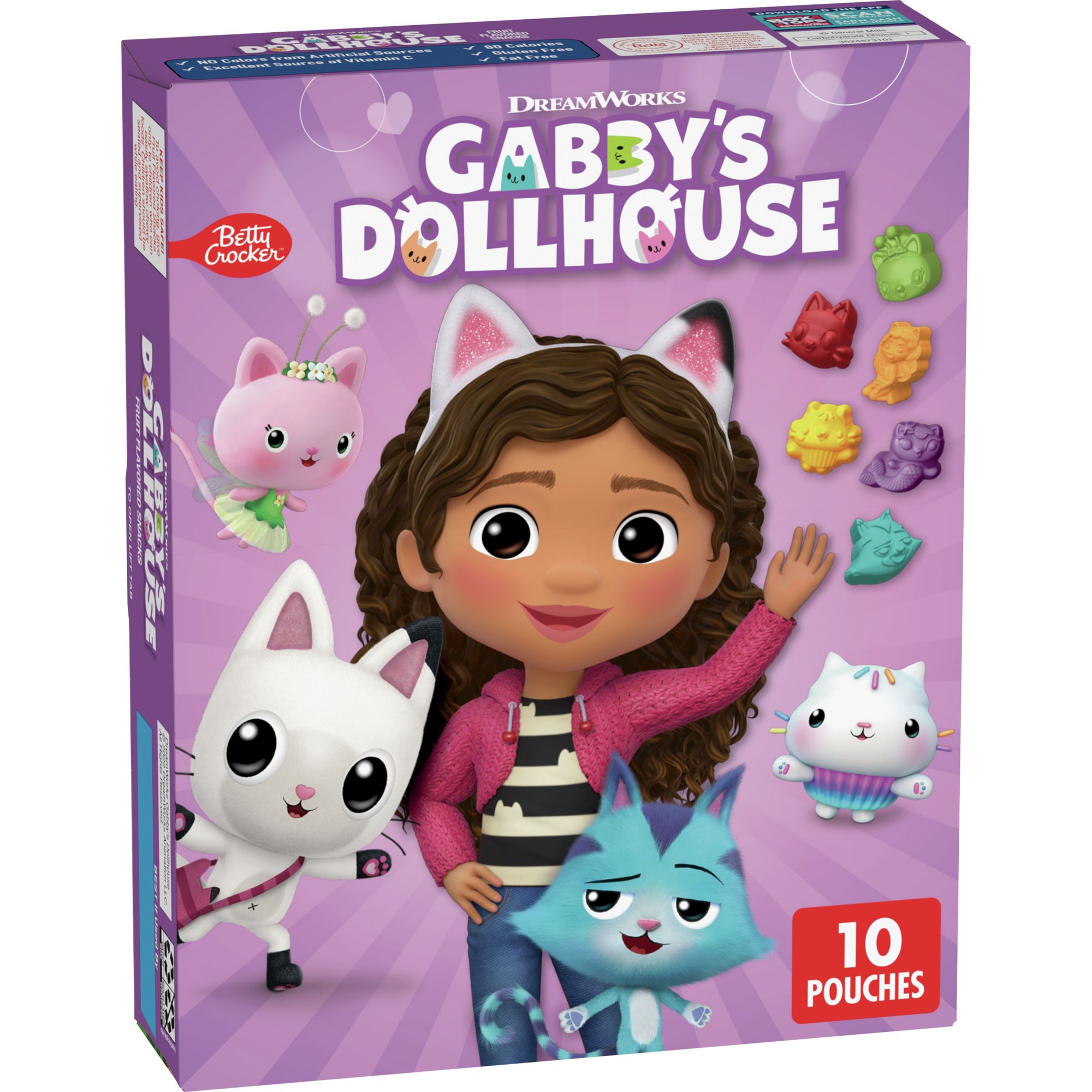 Betty Crocker Gabby's Dollhouse Fruit Flavored Snacks 10-pouch box with Gabby and animated cat characters